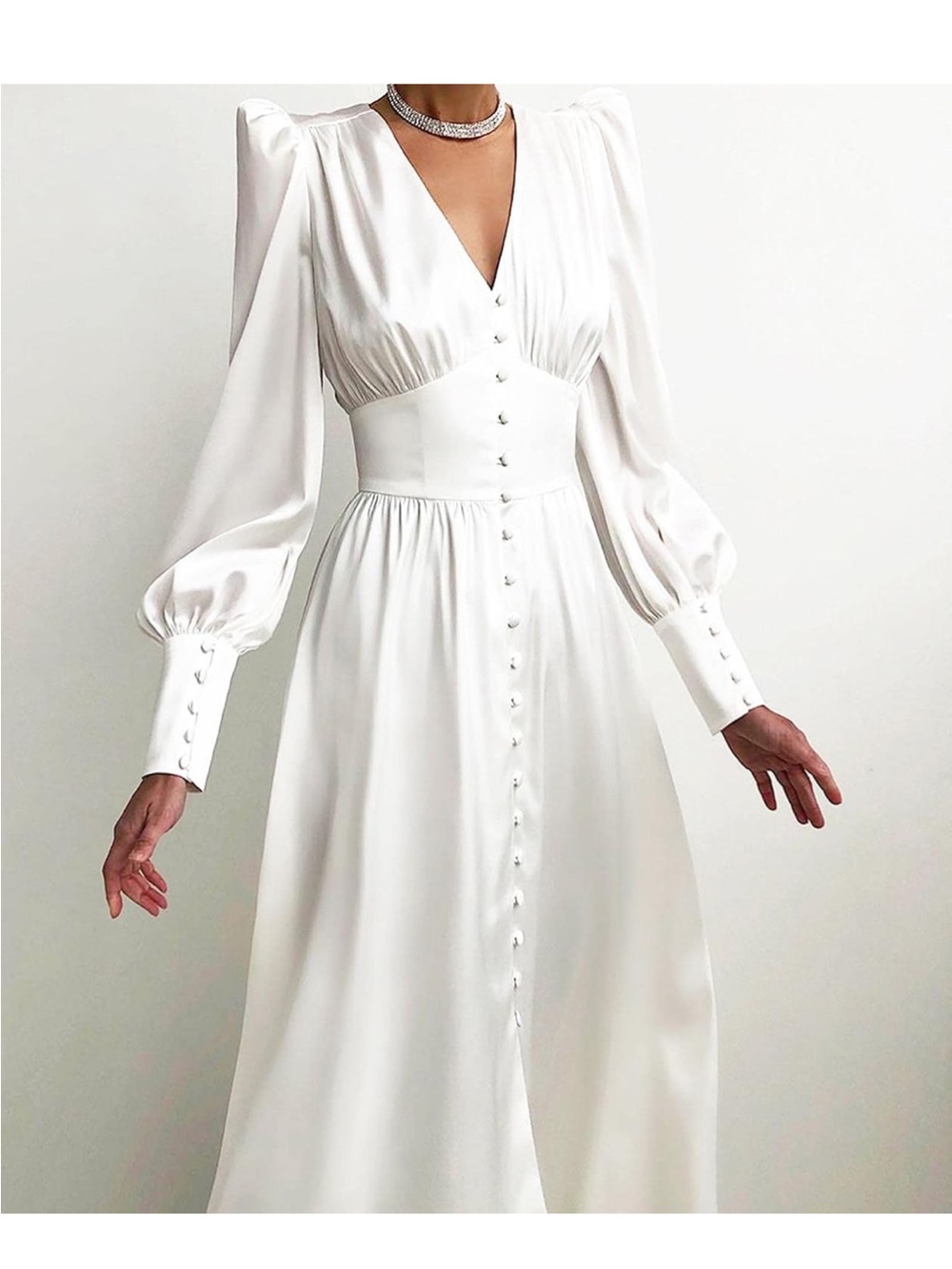 Amazon White V-Neck Long Sleeve Wedding Dress with Button Front
